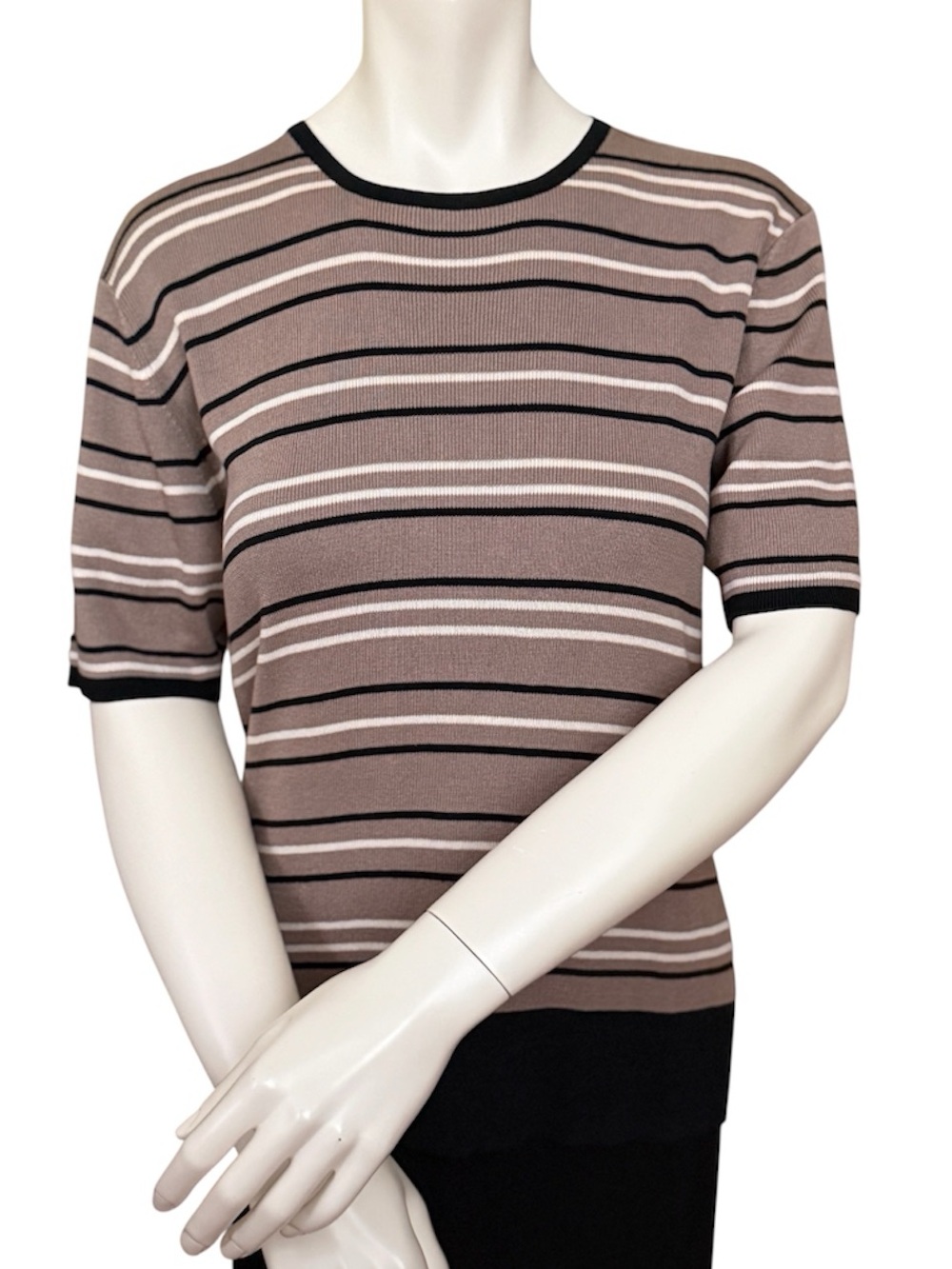 Women’s 100% Silk Pendleton Striped Short Sleeve Knit Top in Taupe &  Black ~ L